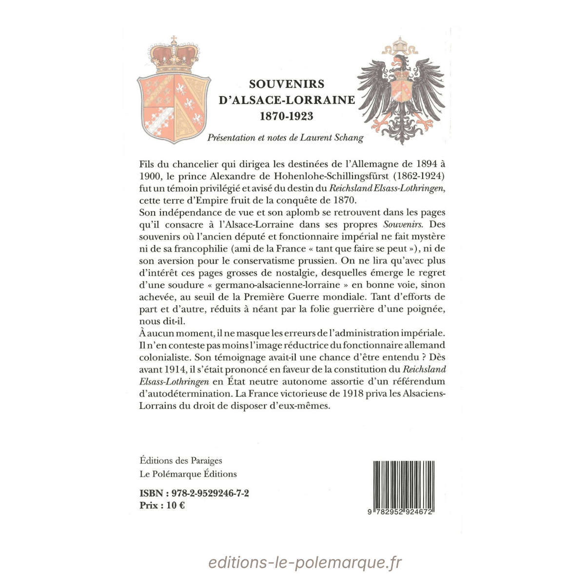 prince alexandre de hohenlohe souvenirs d'alsace lorraine 1870 1923